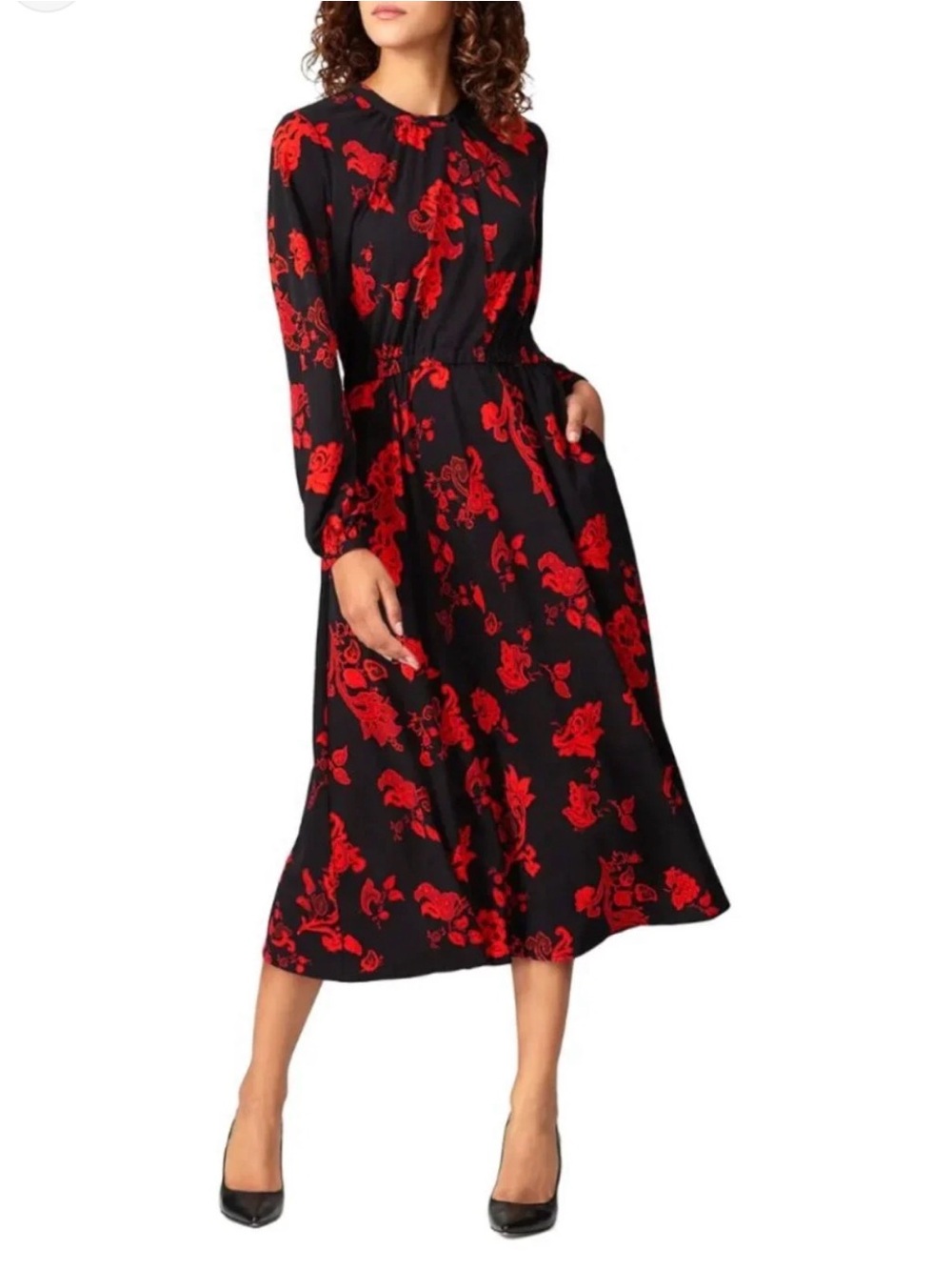 Tory Burch Black & Red Floral Long Sleeve Midi Dress Size Medium